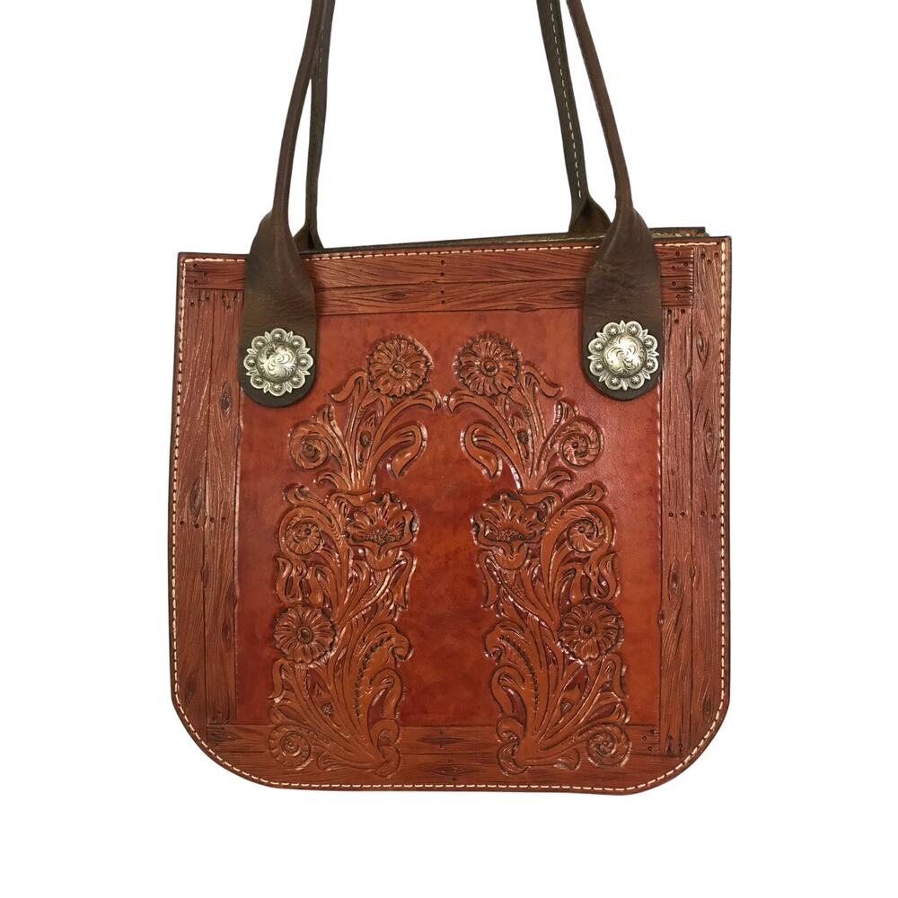 Hand Tooled Leather Purse and Wallet Floral Western Diamond Concho Brown Tan